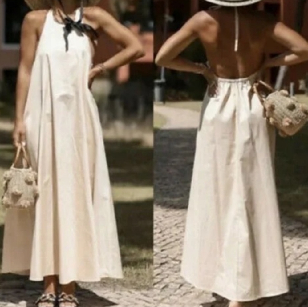 Zara Dress Size M Maxi Halter Dress Cotton- Cream Tan NWT